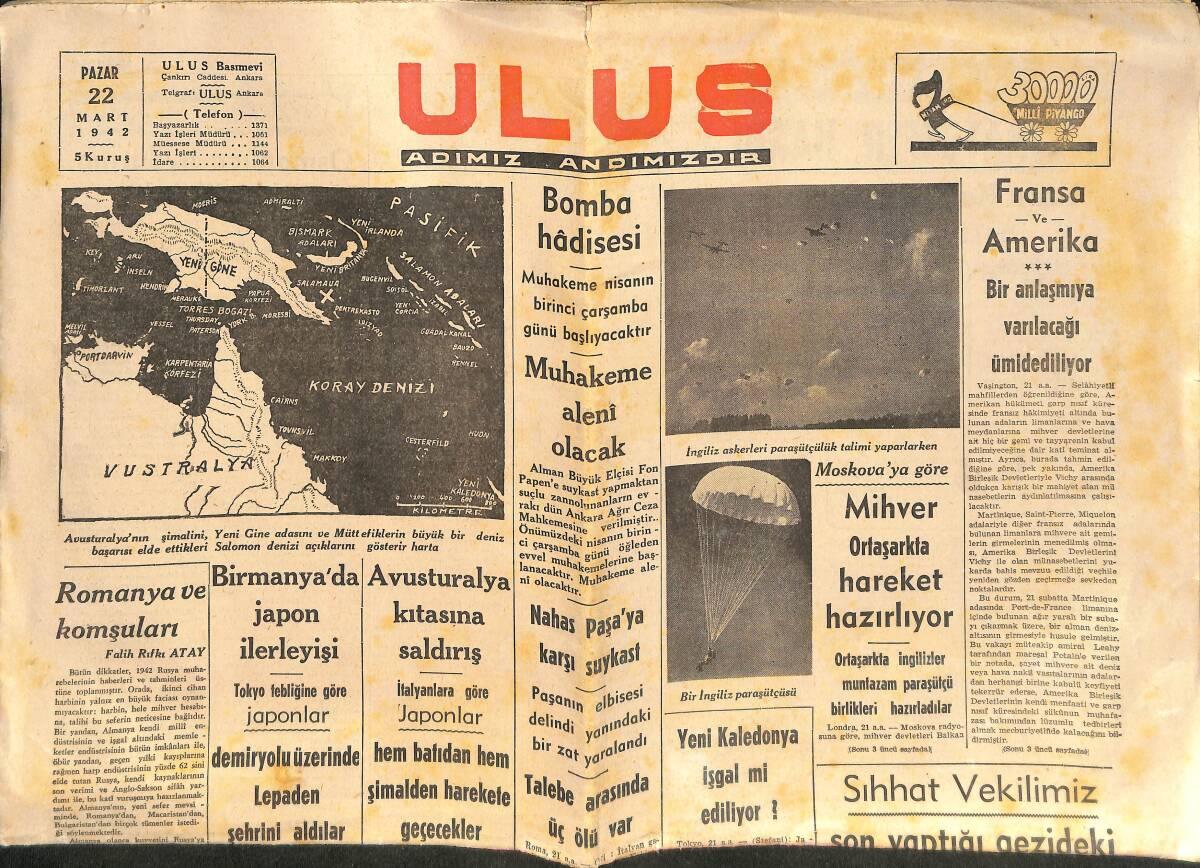 Ulus Gazetesi 22 Mart 1942 - Birmanya'da Japon İlerleyişi - Avusturalya Kıtasına Saldırış - Nahas Paşa'ya Karşı Suikast GZ146812 - 1