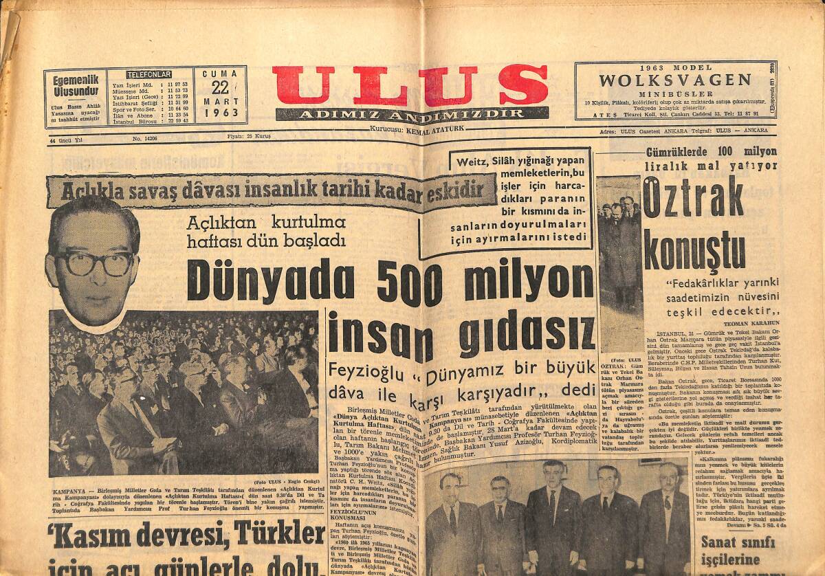 Ulus Gazetesi 22 Mart 1963 - Dünyada 500 Milyon İnsan Gıdasız - İran Şahı'nın Yeni Doğan Kızının Adı Kondu GZ151632 - 1