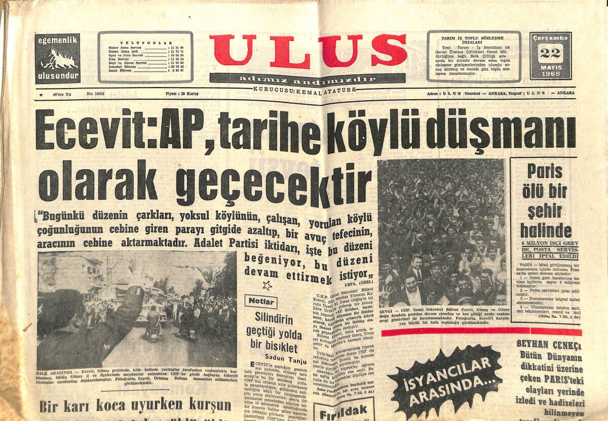 Ulus Gazetesi 22 Mayıs 1968 - Ecevit: AP, Tarihe Köylü Düşmanı Olarak Geçecektir - Hazreti Ali'nin Öldürüldüğü Küfe'ye Gidiyoruz GZ147251 - 1