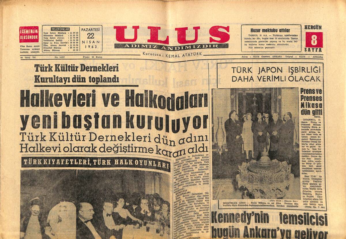 Ulus Gazetesi 22 Nisan 1963 - Kennedy'nin Temsilcisi Ankara'ya Geliyor - Fenerbahçe Milli Ligde İlk Galibiyetini Aldı GZ148553 - 1
