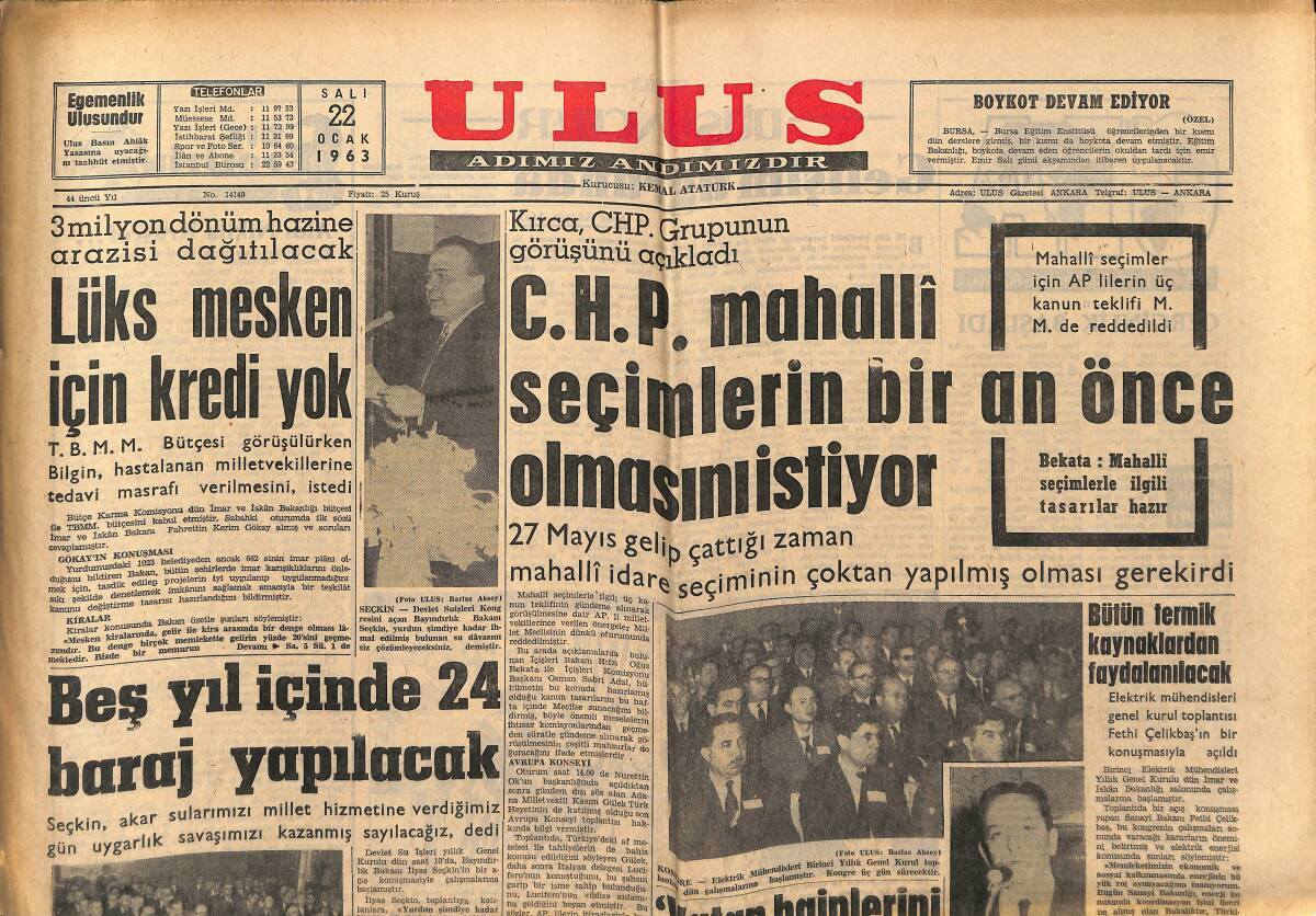 Ulus Gazetesi 22 Ocak 1963 - CHP Mahalli Seçimlerin Bir An Önce Olmasını İstiyor GZ148448 - 1
