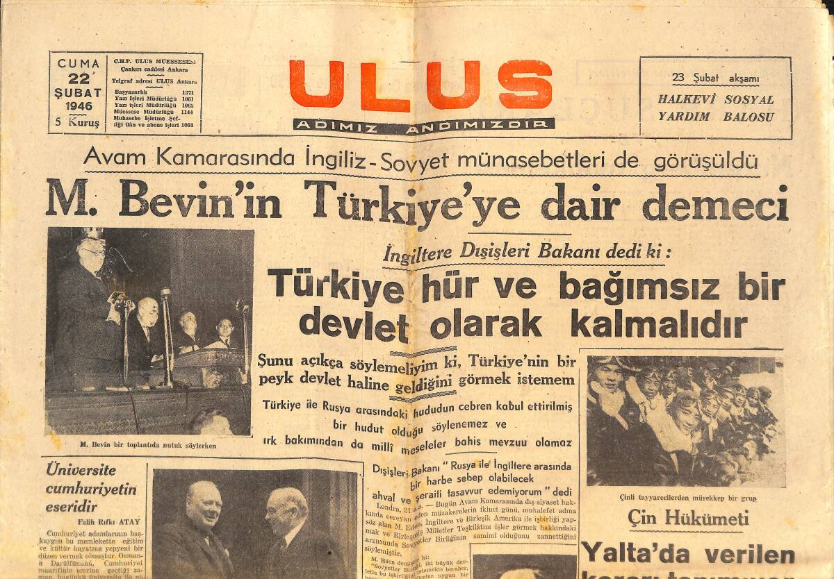 Ulus Gazetesi 22 Şubat 1946 - Hasan Saka Marsilya'da - M.Bevin'in Türkiye'ye Dair Demeci GZ146675 - 1