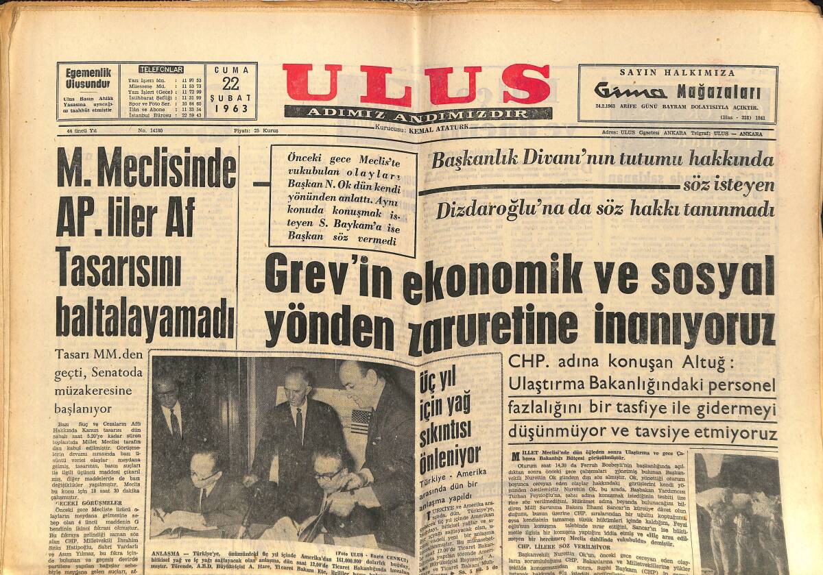 Ulus Gazetesi 22 Şubat 1963 - Dört Galatasaraylı İçin Soruşturma - Üç Yıl İçin Yağ Sıkıntısı Önleniyor GZ148545 - 1