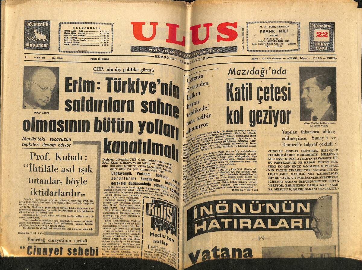 Ulus Gazetesi 22 Şubat 1968 - PTT Basketbol Takımı Kuruldu - Turhan Dilligil Yargıtay Başkanını İstifaya Çağırdı GZ148845 - 1