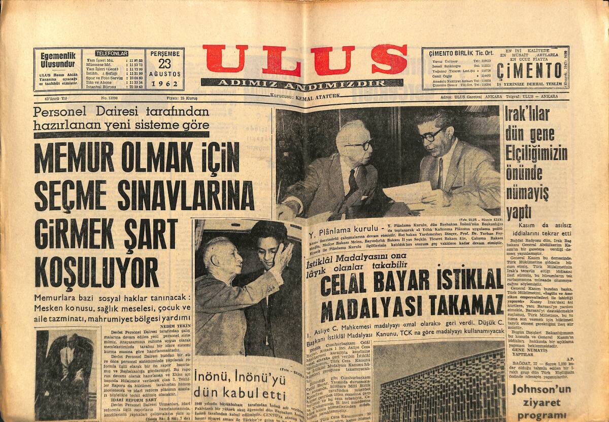 Ulus Gazetesi 23 Ağustos 1962 - Celal Bayar İstiklal Madalyası Takamaz - Natalie Wood'un Büyük Bir Ümitle Beklediği Oscar, Sophia Loren'e Verildi GZ150763 - 1