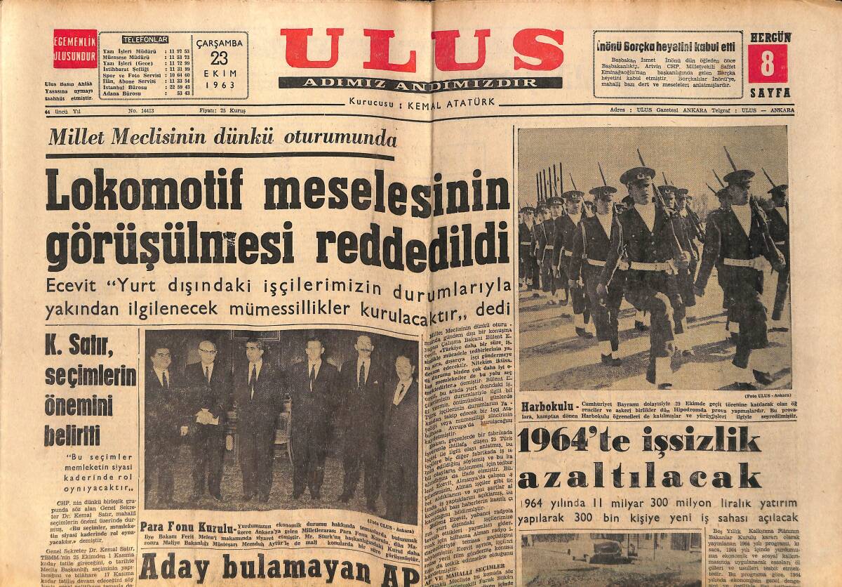 Ulus Gazetesi 23 Ekim 1963 - K.Satır , Seçimlerin Önemini Belirtti - Galatasaray Bu Gece Hacettepe Karşısında GZ152493 - 1