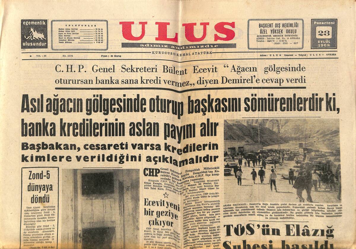 Ulus Gazetesi 23 Eylül 1968 - Zond-5 Dünyaya Döndü - Sadri Alışık, Eski Meddahlık Sanatını Yeniden Canlandırıyor GZ150765 - 1