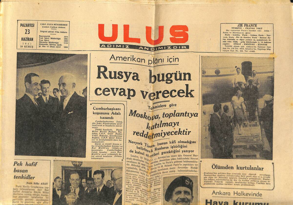 Ulus Gazetesi 23 Haziran 1947 - Ruslar 100 Bin Alman Esirini Serbest Bırakıyor - Galatasaray Lisesinde Pilav Günü GZ146836 - 1