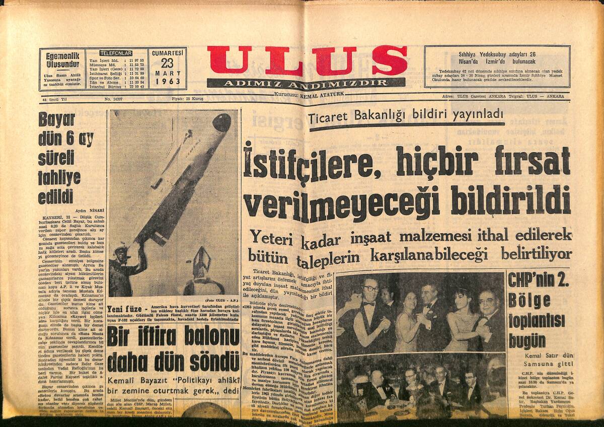 Ulus Gazetesi 23 Mart 1963 - Süt Tozundan 200 Öğrenci Zehirlendi - Bayar Dün 6 Ay Süreli Tahliye Edildi GZ150718 - 1