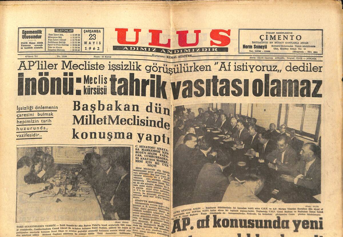 Ulus Gazetesi 23 Mayıs 1962 - De Gaulle'e Suikast Teşebbüsü Önlendi - Suat Fenerbahçe Maçında Oynuyor GZ146870 - 1