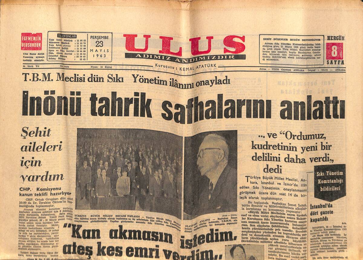 Ulus Gazetesi 23 Mayıs 1963 - İnönü Tahrik Safhalarını Anlattı - Milan Avrupa Şampiyonu Oldu GZ151464 - 1