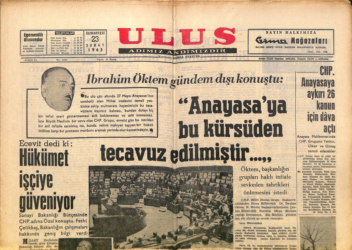 Ulus Gazetesi 23 Şubat 1963 - Bingazide Deprem Oldu 250 Kişi Öldü - Beşiktaş Ve Fenerbahçe Son Hazırlıklarını Yapıyor GZ150689 - 1