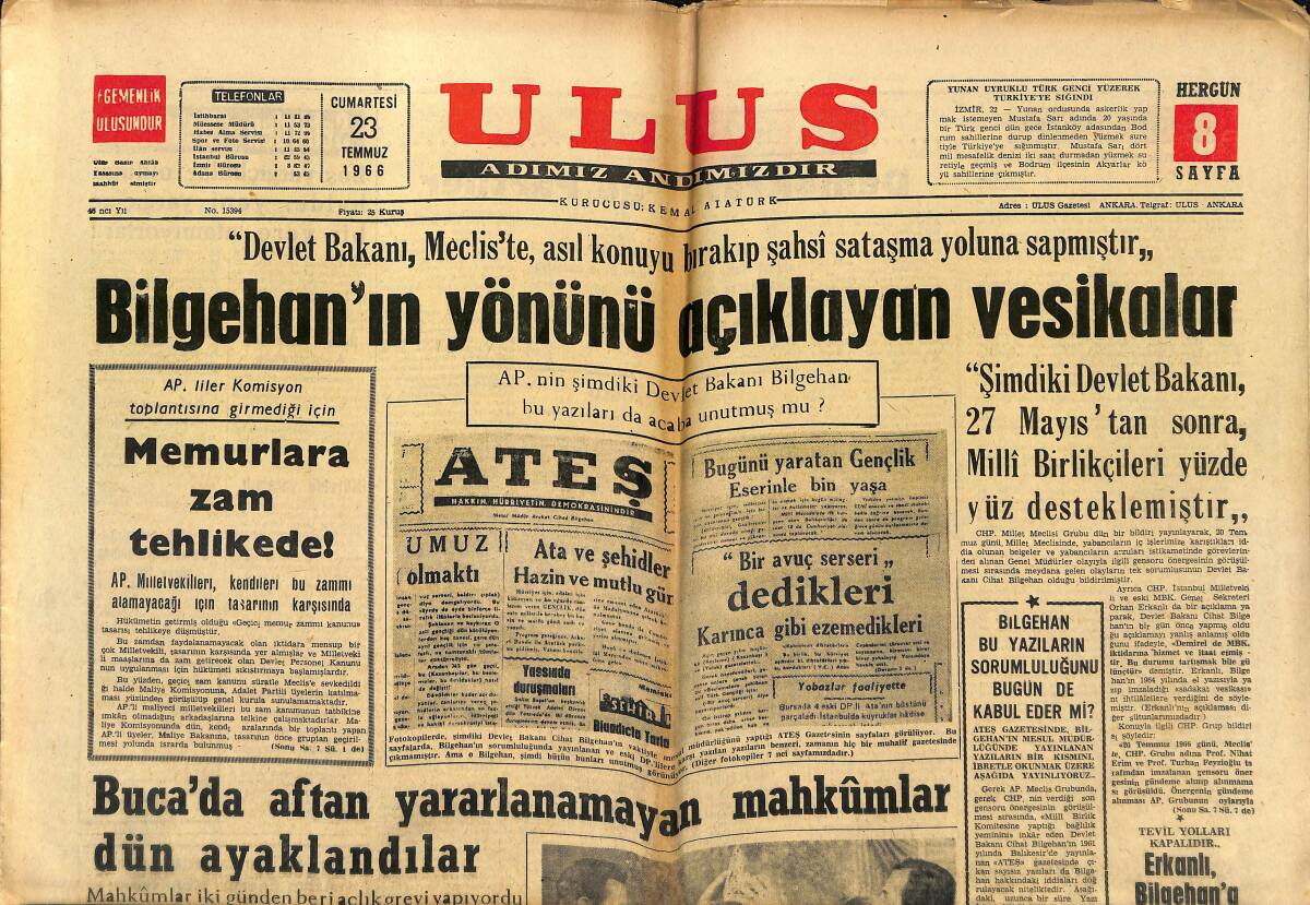 Ulus Gazetesi 23 Temmuz 1966 - Bilgehan'ın Yönünü Açıklayan Vesikalar GZ150563 - 1