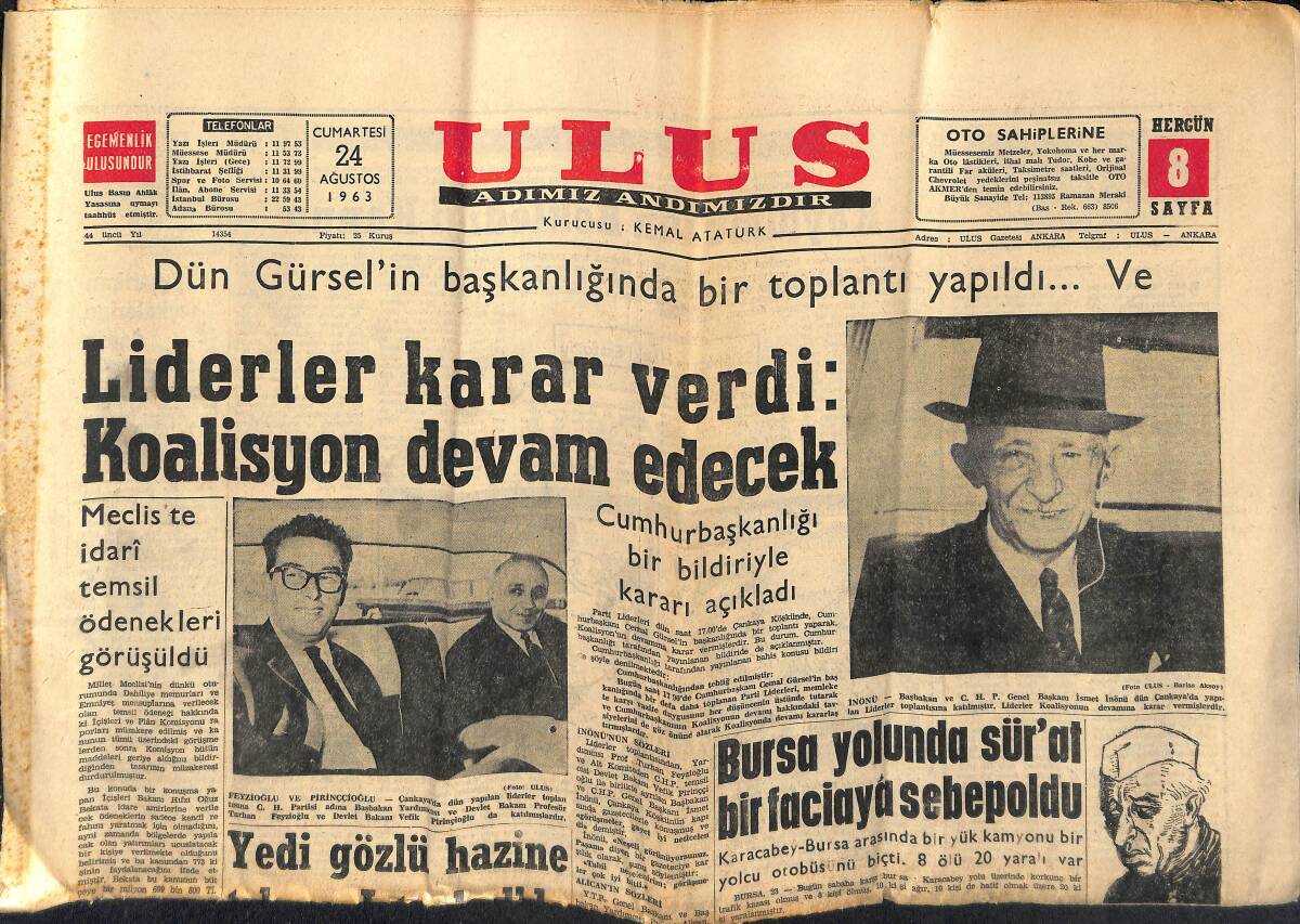 Ulus Gazetesi 24 Ağustos 1963 - Aşağı Sakarya Projesi Hazır - Milli Lig Maçları Bugün Başlıyor GZ147299 - 1