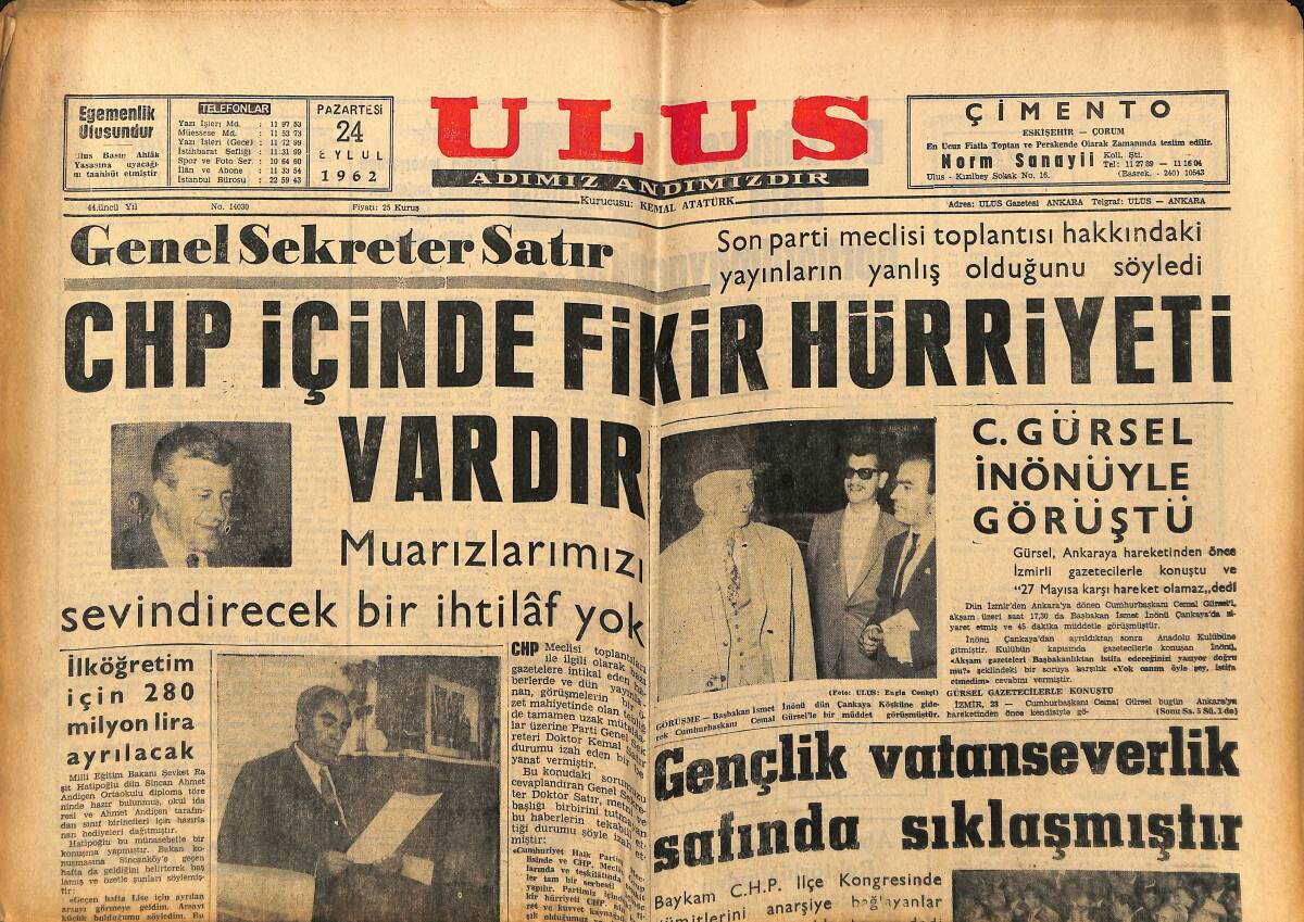 Ulus Gazetesi 24 Eylül 1962 - Başol İddiaları Cevaplandırdı - CHP İçinde Fikir Hürriyeti Vardır GZ148460 - 1