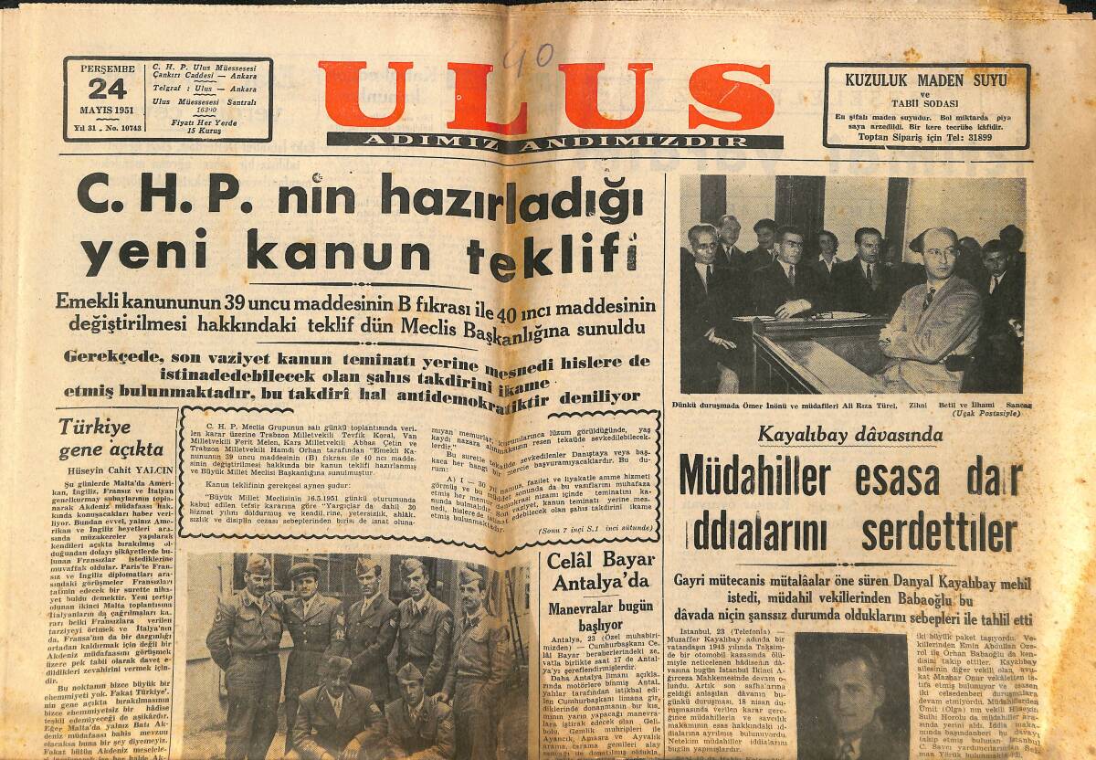 Ulus Gazetesi 24 Mayıs 1951 - Bradleyin Türkiye'ye Dair Bir Konuşması - CHP'nin Hazırladığı Yeni Kanun Teklifi GZ150582 - 1