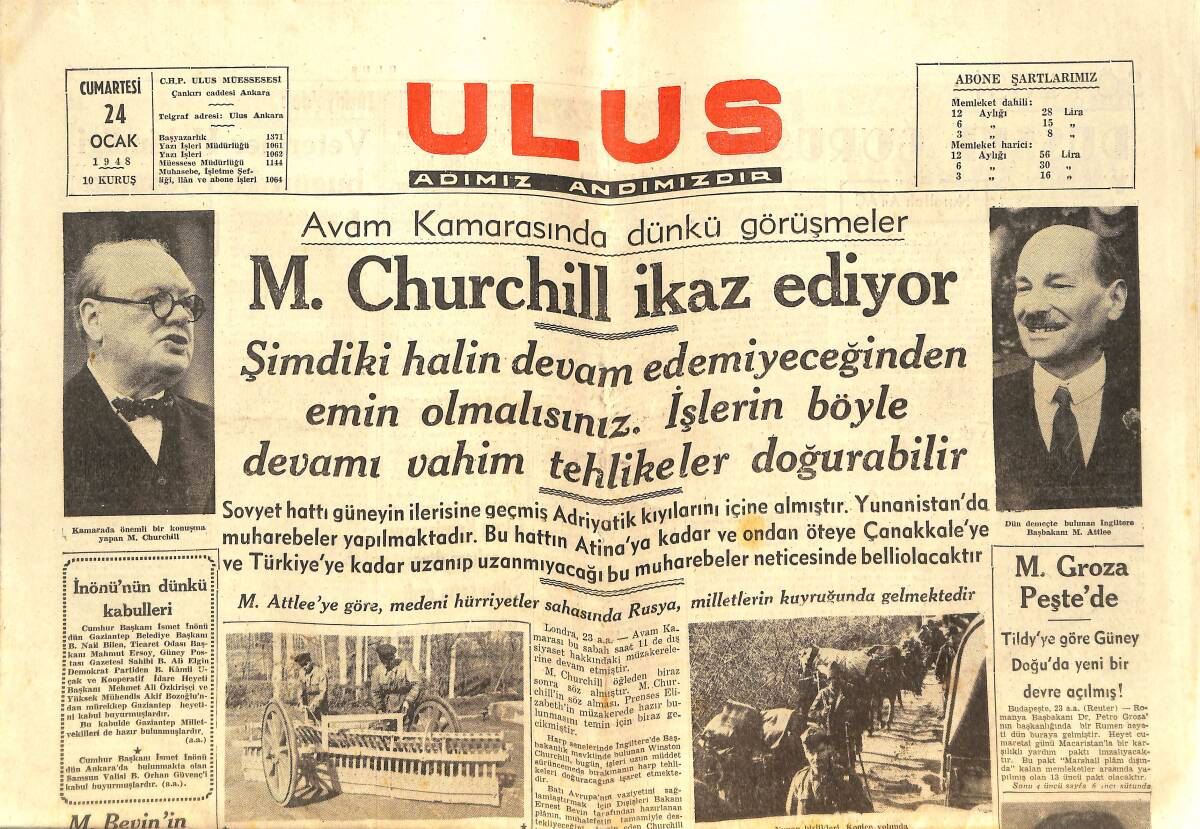 Ulus Gazetesi 24 Ocak 1948 - M. Churchill İkaz Ediyor - Fotoğraflarla Ankara Veteriner Fakültesi GZ146640 - 1