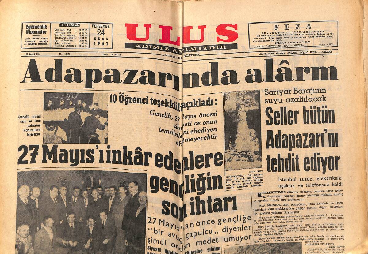 Ulus Gazetesi 24 Ocak 1963 - Adapazarı'nda Alarm - 27 Mayısı İnkar Edenlere Gençliğin Son İhtarı GZ151422 - 1