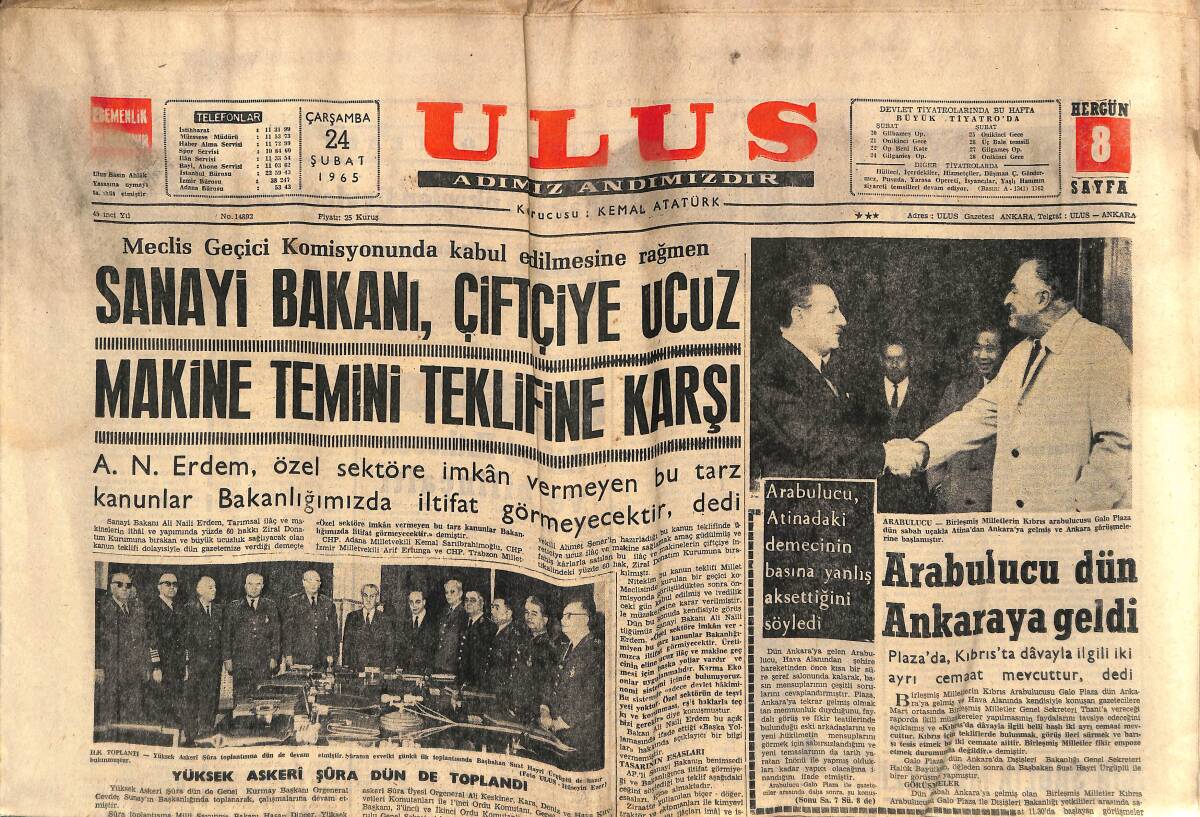 Ulus Gazetesi 24 Şubat 1965 - Marlon Brando Mahkemede - Diana Dors İstanbul'da GZ151574 - 1