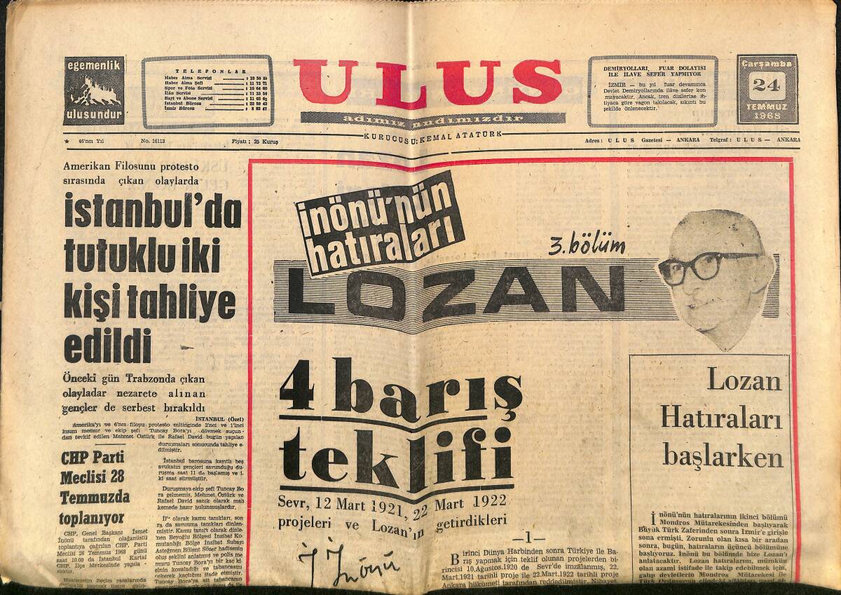 Ulus Gazetesi 24 Temmuz 1968 - Bağdat'ta Sükunet Sağlandı - Fenerbahçe Başkanı Sezon Hazırlıkları Ve Can Bartu Konusunda Açıklama Yaptı GZ150768 - 1