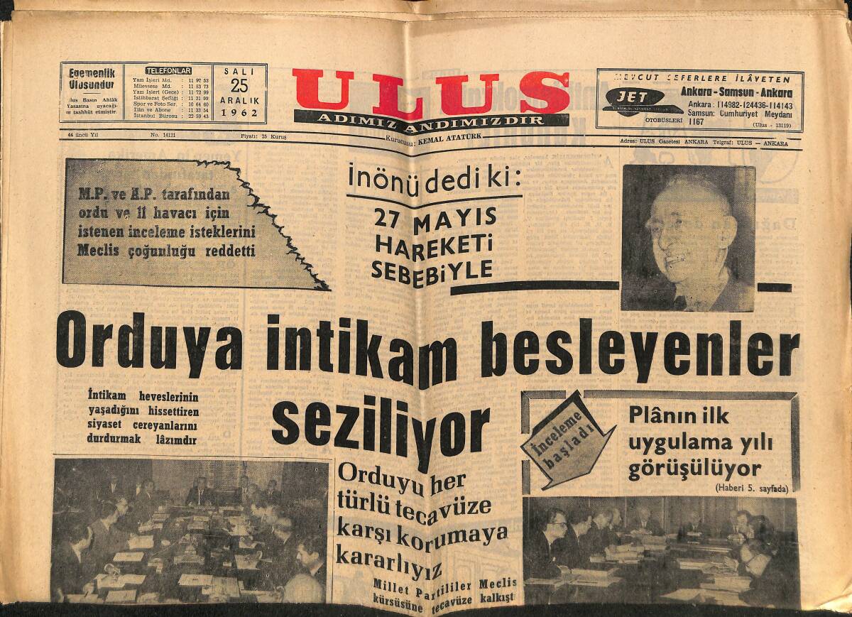 Ulus Gazetesi 25 Aralık 1962 - Galatasaray Yarın Kupa İçin Oynuyor - Orduya İntikam Besleyenler Seziliyor GZ148580 - 1
