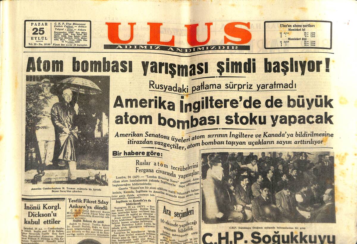 Ulus Gazetesi 25 Eylül 1949 - Amerika İngiltere'de Büyük Bir Atom Bombası Stoku Yapacak - Rita Hayworth Artık Havailiği Bıraktı GZ146844 - 1