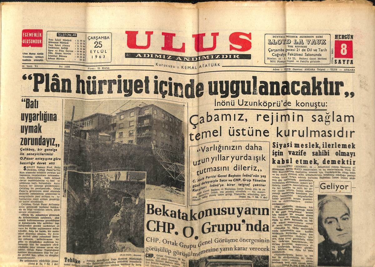Ulus Gazetesi 25 Eylül 1963 - Erzurum'da Zengin Linyit Yatakları Olduğu Anlaşıldı - NATO Sırlarını Satan Fransız Tevkif Edildi GZ147289 - 1