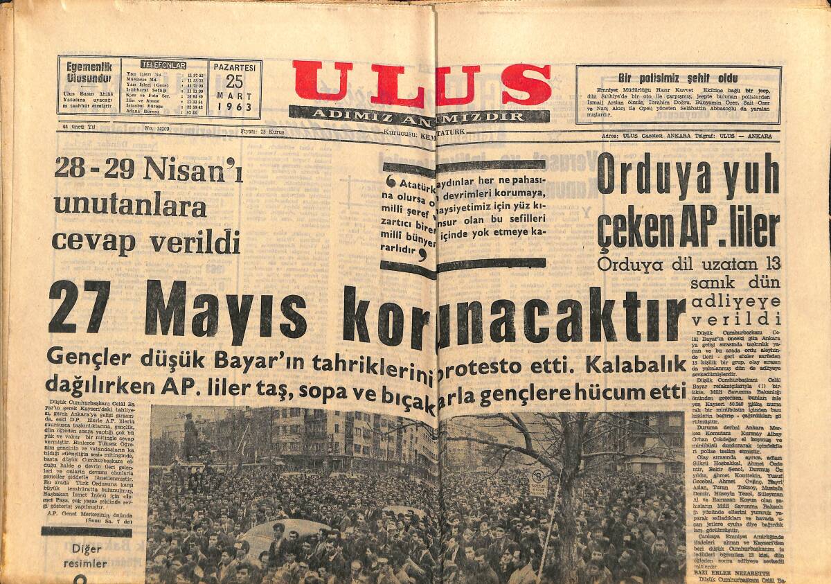 Ulus Gazetesi 25 Mart 1963 - 27 Mayıs Korunacaktır - 27 Mayıs Ruhunu Yaşatmaya Azimli Türk Gençliği İkazda Bulundu GZ151420 - 1