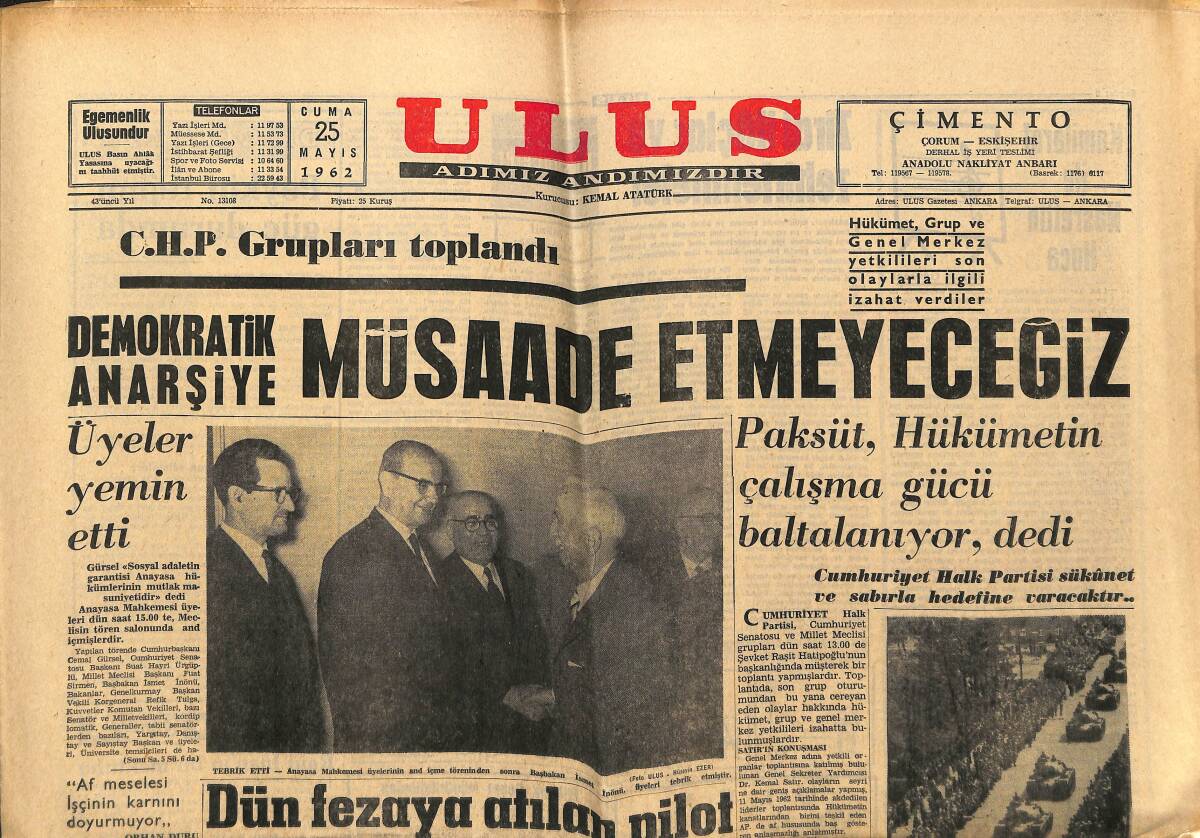 Ulus Gazetesi 25 Mayıs 1962 - Salan İdam Edilmiyecek - CHP Grupları Toplandı GZ148452 - 1