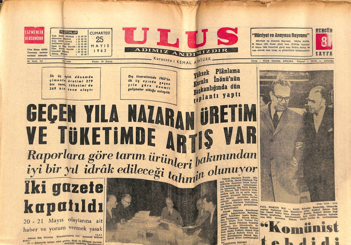 Ulus Gazetesi 25 Mayıs 1963 - Amerikalı Astronot Cooper'ı Bayan Kennedy Uğurladı - Galatasaray Ankara'da Demirspor'la Oynuyor GZ151466 - 1