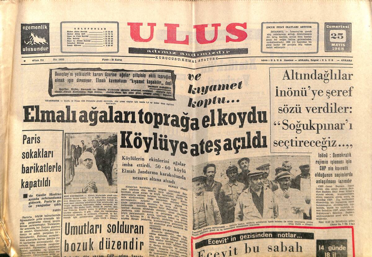 Ulus Gazetesi 25 Mayıs 1968 - Ecevit Bu Sabah Konya'ya Gidiyor - Hollywood Artistleri Yoksul Zencilere Yardım Edecek GZ150759 - 1