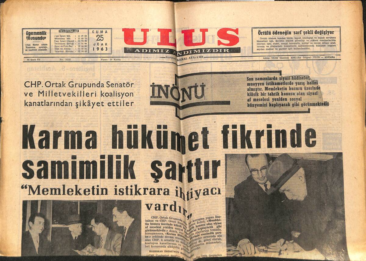 Ulus Gazetesi 25 Ocak 1963 - Galatasaray Takımında Revizyon Yapılıyor - CHP'liler Halkın Derdini Dinliyor GZ151588 - 1