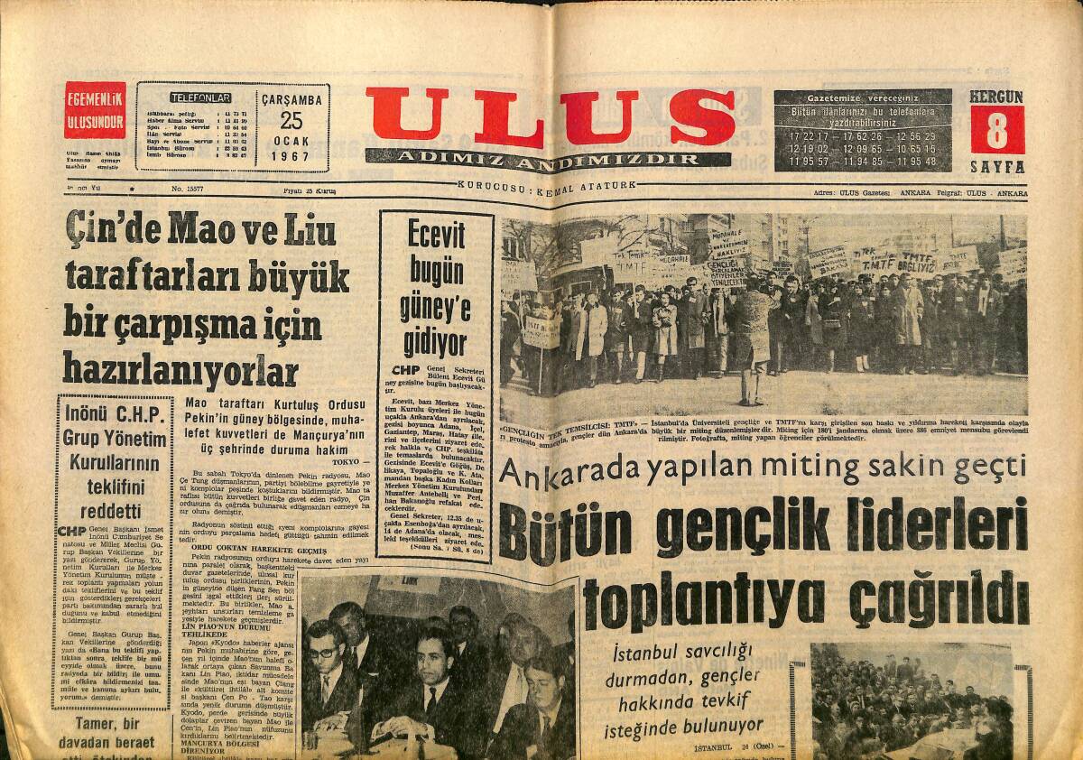 Ulus Gazetesi 25 Ocak 1967 - B.Ecevit'in Ortanın Solu Konferansı - Bütün Gençlik Liderleri Toplantıya Çağrıldı GZ150561 - 1