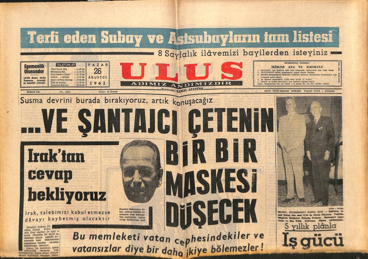Ulus Gazetesi 26 Ağustos 1962 - Irak'tan Cevap Bekliyoruz - Venedik Film Festivali Açılıyor GZ150587 - 1