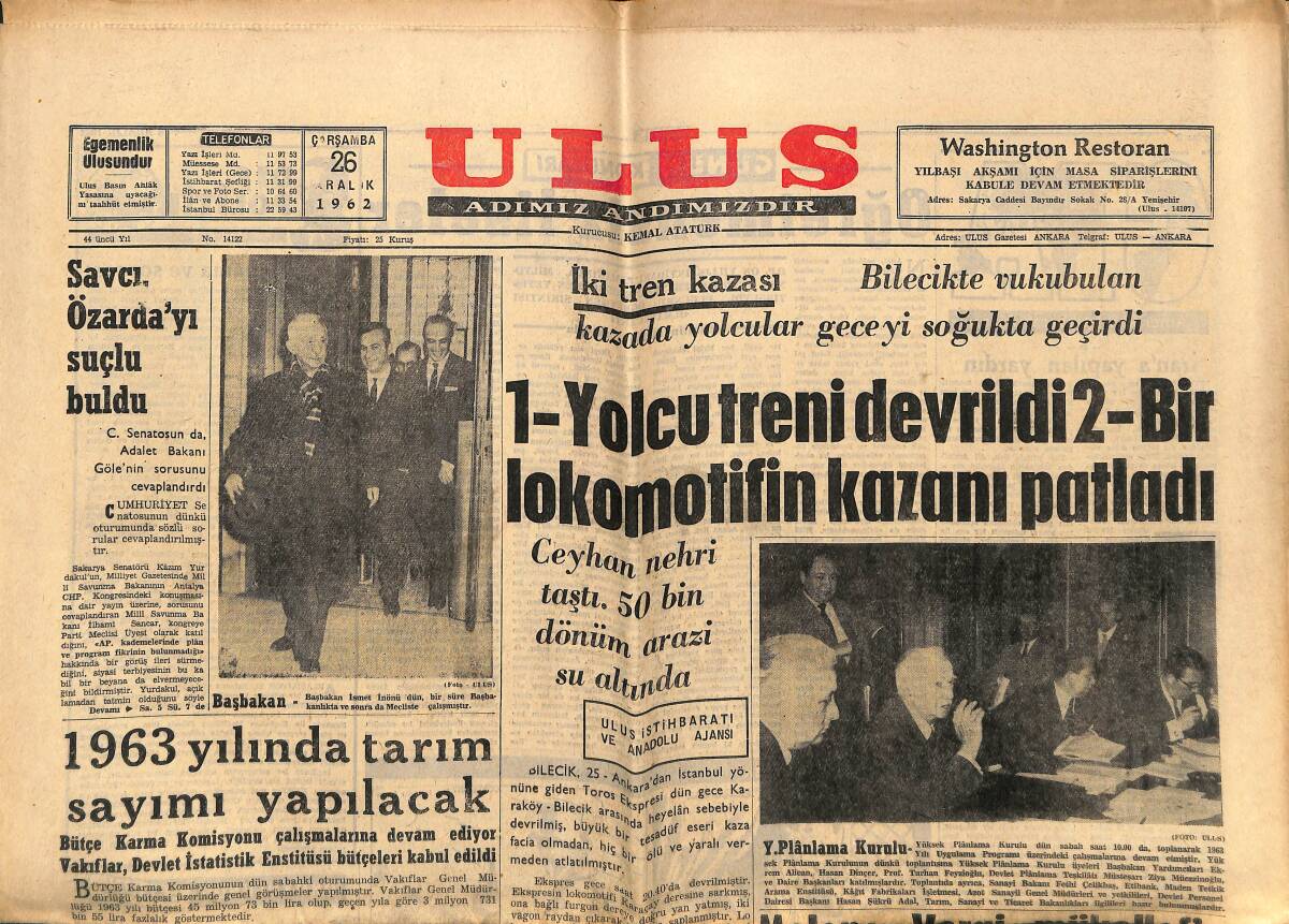 Ulus Gazetesi 26 Aralık 1962 - İyileştiği Bildirilen Metin Oktay'ın Bugün Oynaması Muhtemel - Sophia Loren, Carlo İle GZ148582 - 1