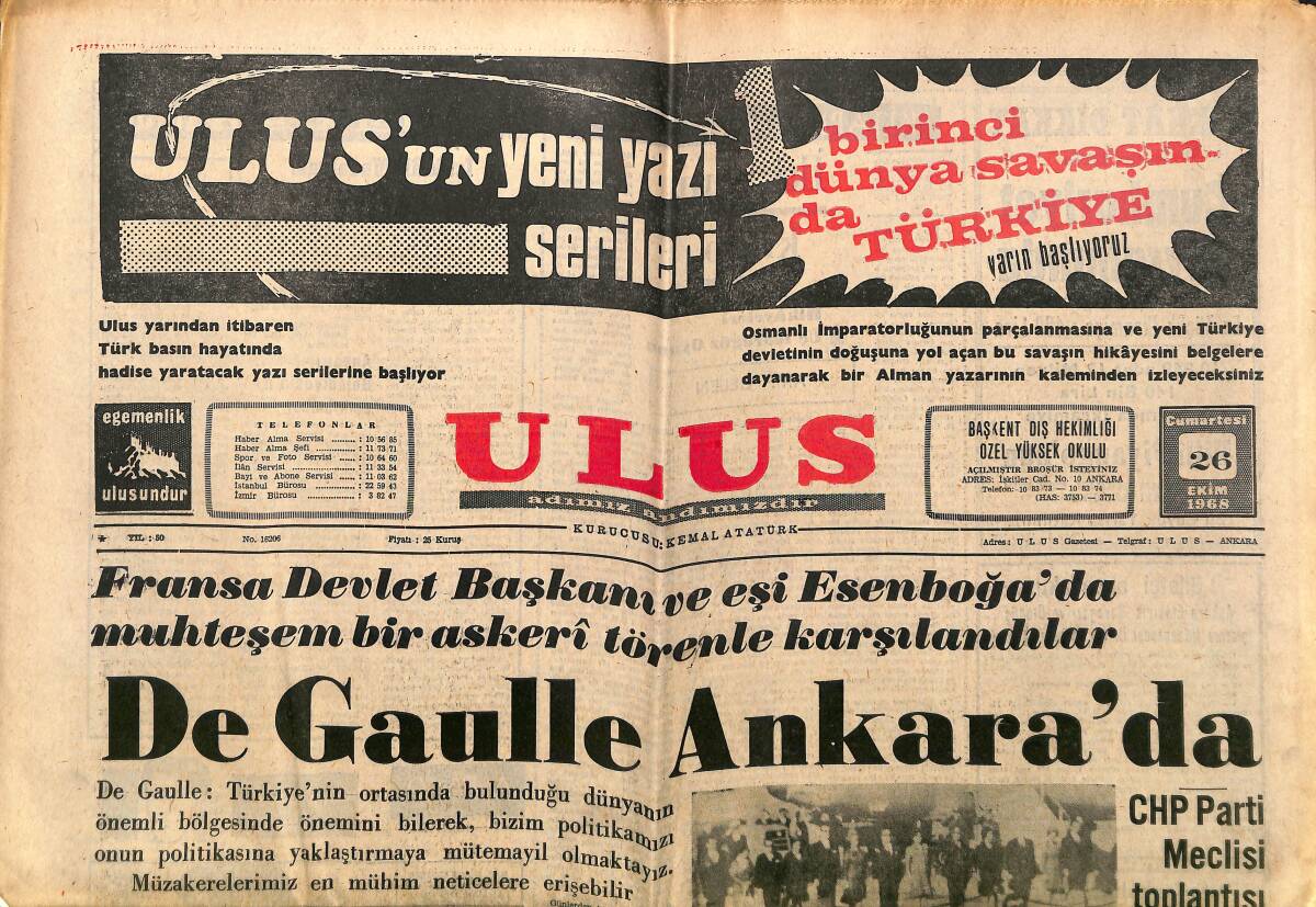 Ulus Gazetesi 26 Ekim 1968 - De Gaulle Ankara'da - Ecevit'in Bozbay Ailesi Ve Atakan'a Telgrafları GZ150702 - 1