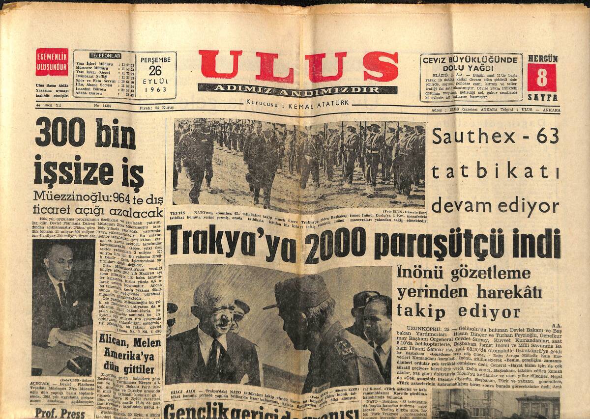 Ulus Gazetesi 26 Eylül 1963 - Trakya'ya 2000 Paraşütçü İndi - Ege Üniversitesine Giriş Sınavını Kazanan Adaylar GZ147290 - 1