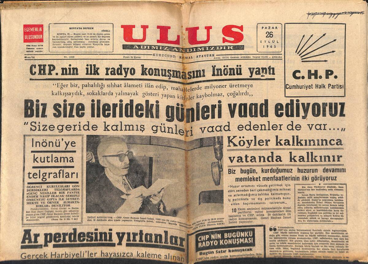 Ulus Gazetesi 26 Eylül 1965 - Pakistan Hindistan'ın Ateş Kesi İhlal Ettiğini Söylüyor - İnönü'ye Kutlama Telgrafları GZ147259 - 1