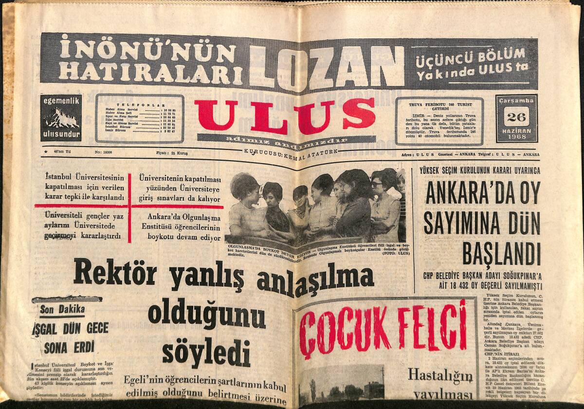 Ulus Gazetesi 26 Haziran 1968 - Washington'da Sokağa Çıkma Yasağı Kondu - İstanbul Üniversitesinin Kapatılması İçin Verilen Karar Tepki İle Karşılandı GZ150767 - 1