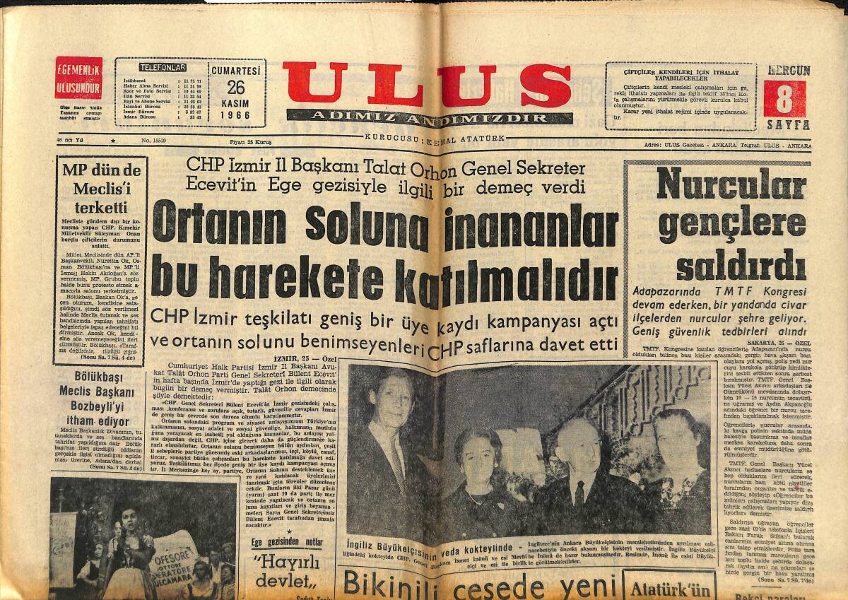 Ulus Gazetesi 26 Kasım 1966 - Nurcular Gençlere Saldırdı - Bölükbaşı Meclis Başkanı Bozbeyli'yi İtham Ediyor GZ150562 - 1