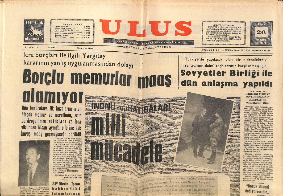 Ulus Gazetesi 26 Mart 1968 - Sovyetler Birliği İle Dün Anlaşma Yapıldı - Borçlu Memurlar Maaş Alamıyor GZ150710 - 1