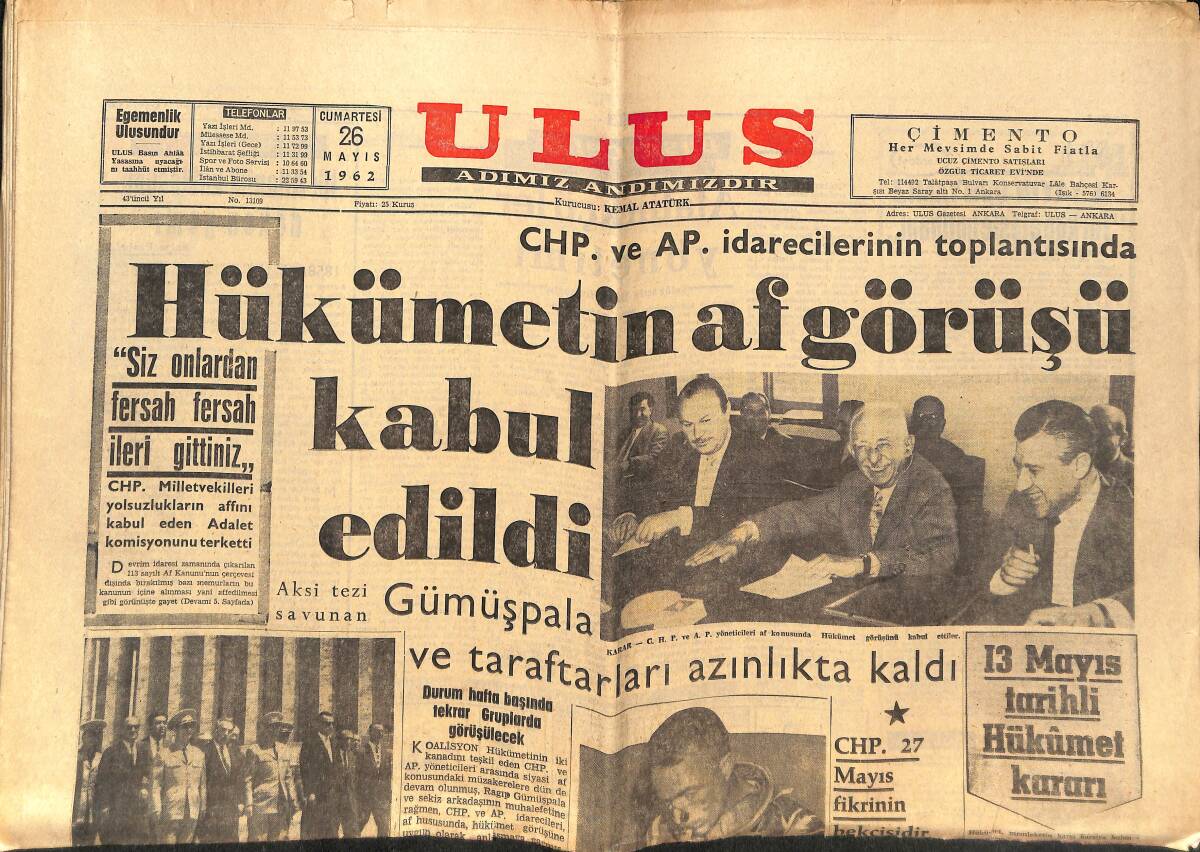 Ulus Gazetesi 26 Mayıs 1962 - 1962'nin En Genç 10 Kadını Seçildi - CHP Ve AP İdarecilerinin Toplantısı GZ146859 - 1