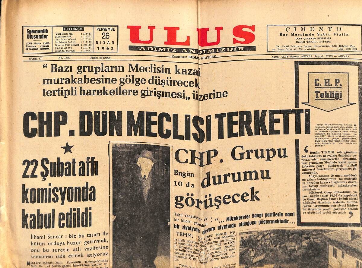 Ulus Gazetesi 26 Nisan 1962 - CHP Meclisi Terk Etti - Elizabeth Taylor Zehirlendi Ve Hastaneye Kaldırıldı GZ152599 - 1