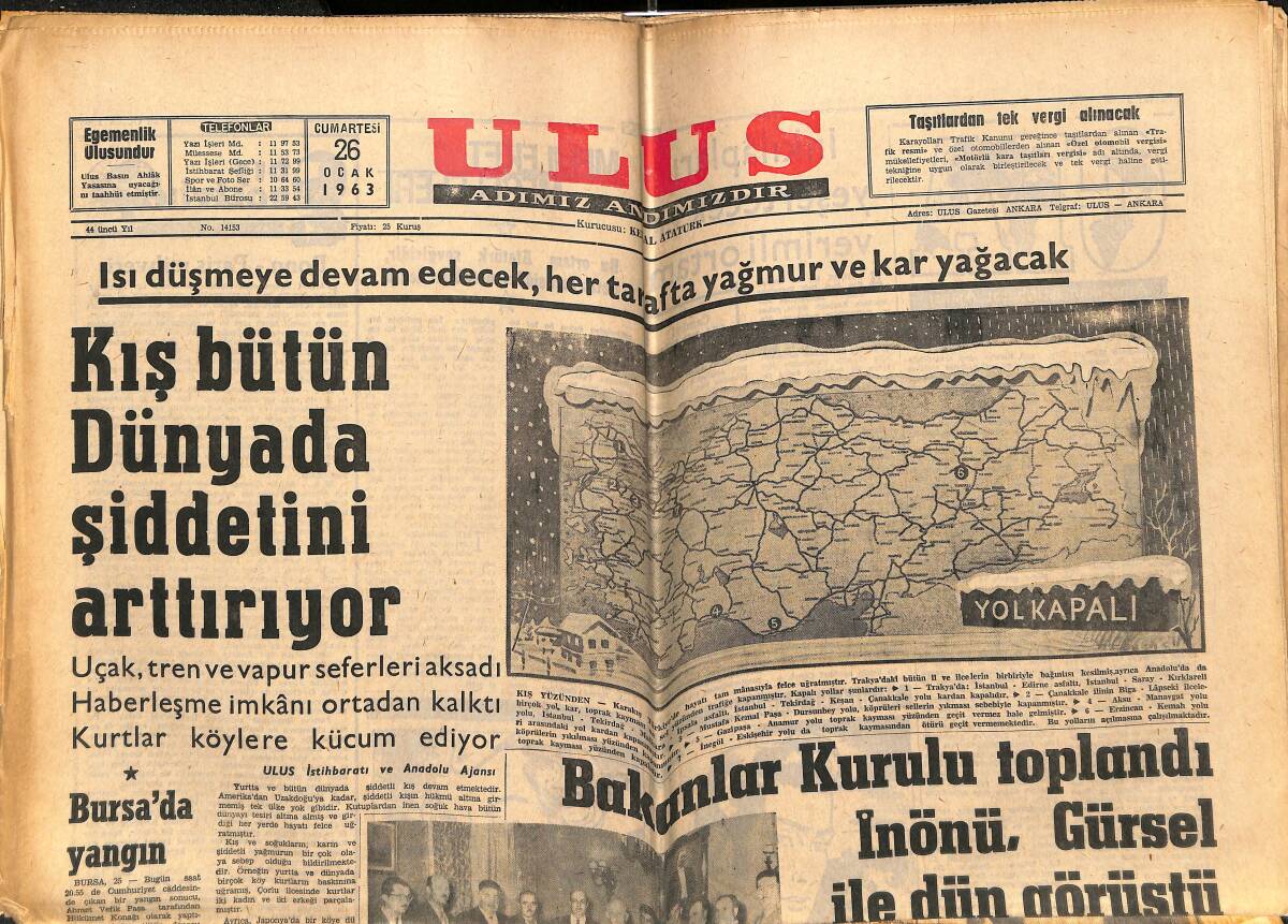 Ulus Gazetesi 26 Ocak 1963 - Kennedy, Türkiye'deki Füzeler Hakkında Konuştu - İnönü'nün Kabulleri GZ151589 - 1