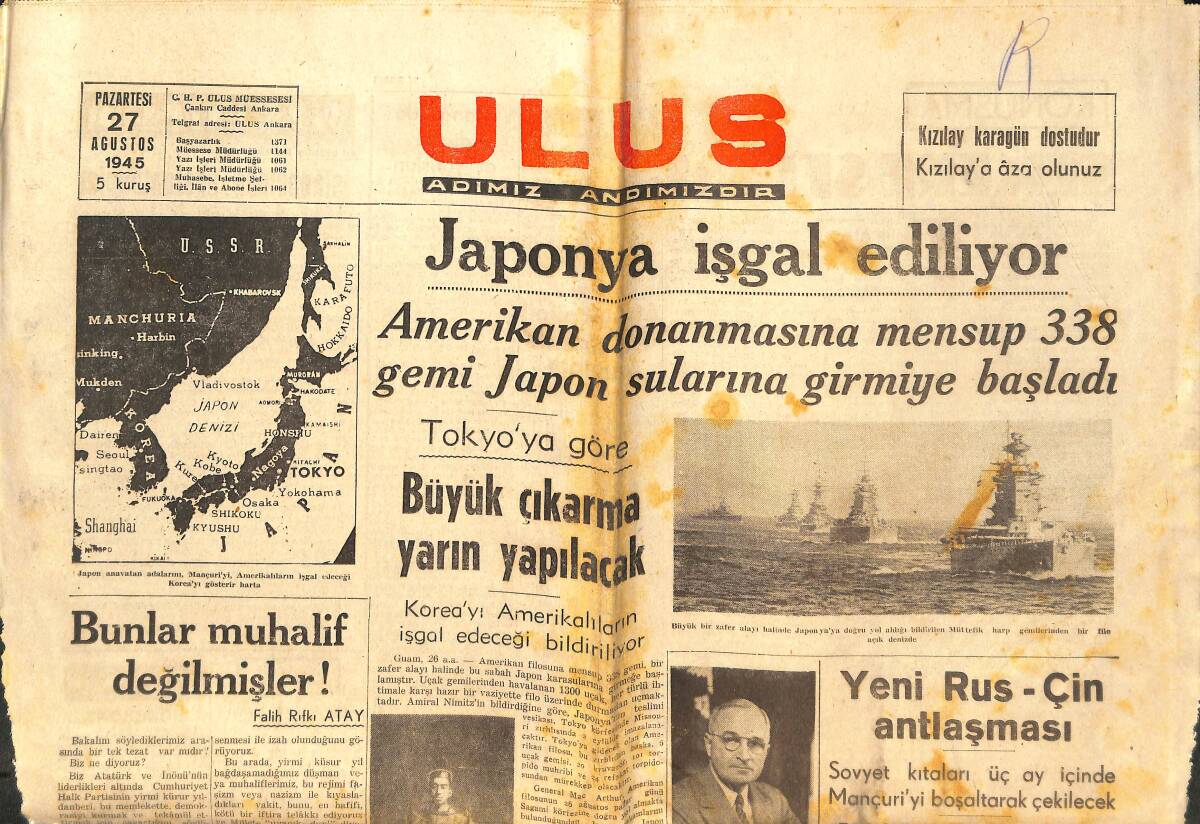 Ulus Gazetesi 27 Ağustos 1945 - Japonya İşgal Ediliyor - Mr. Stimson Çekiliyor Mu ? GZ146687 - 1