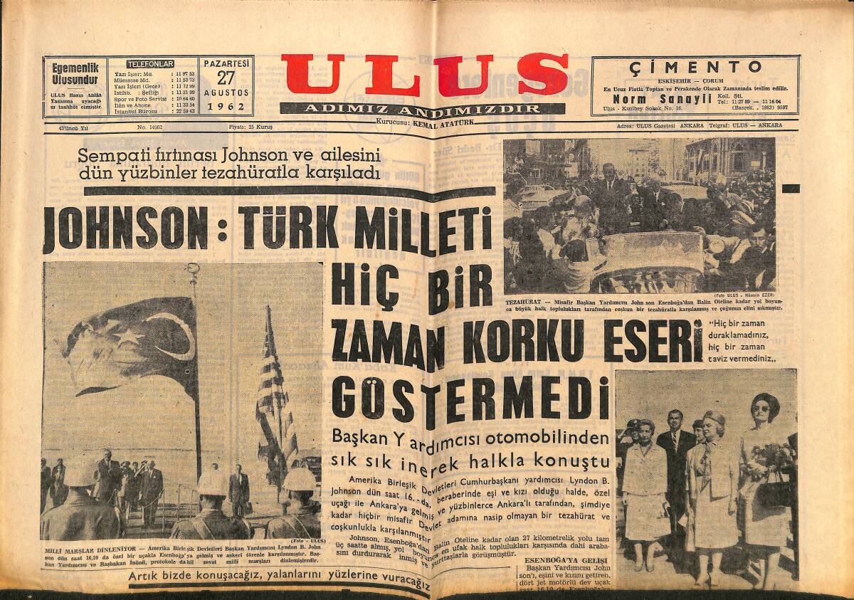 Ulus Gazetesi 27 Ağustos 1962 - Anayasa Mahkemesi Faaliyete Geçiyor - Eminsu Ankara Kongresi Yapıldı GZ150588 - 1