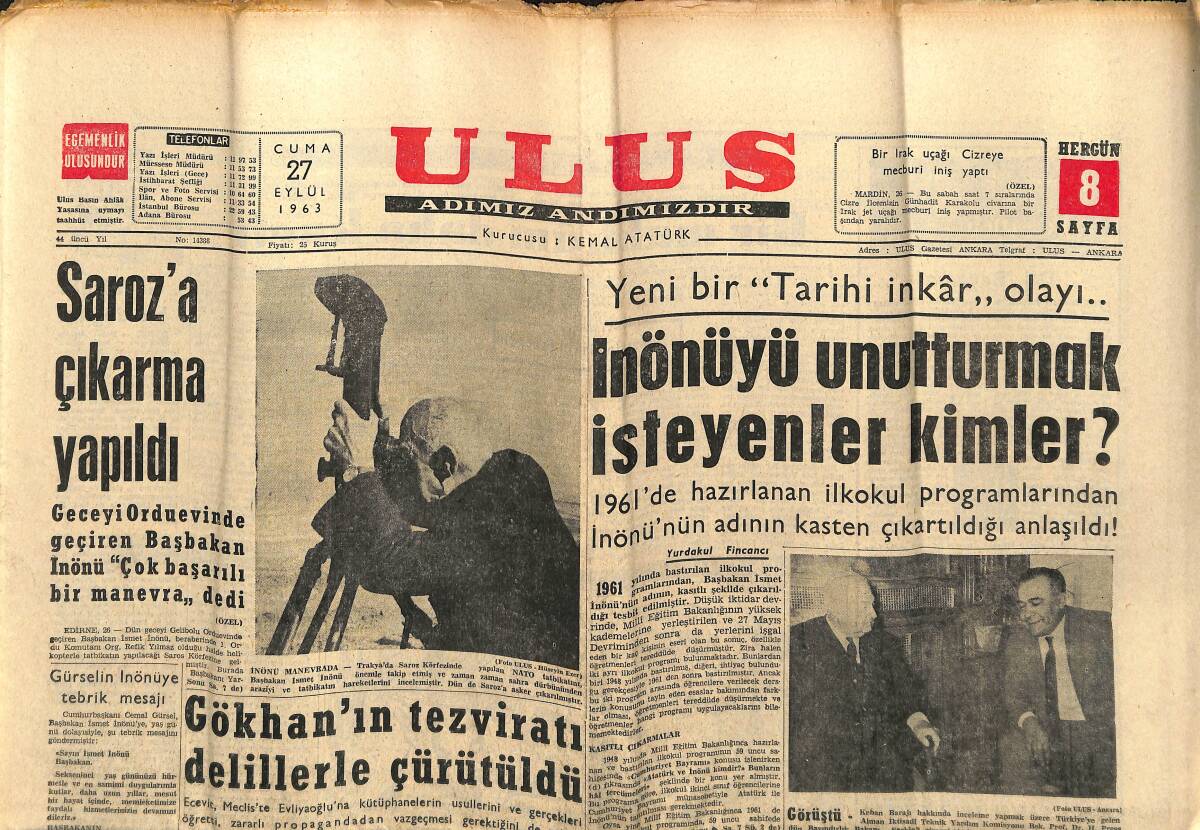 Ulus Gazetesi 27 Eylül 1963 - Saroz'a Çıkarma Yapıldı - İran Heyeti İzmir'e Geliyor GZ147291 - 1