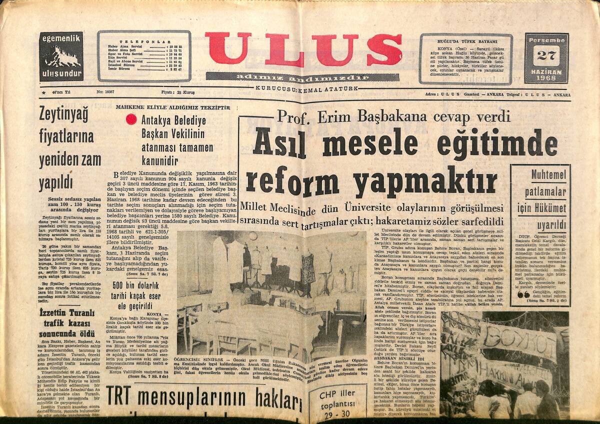 Ulus Gazetesi 27 Haziran 1968 - TRT Mensuplarının Hakları Verilmezse Radyolar Susacak - Gaziantep'te De Öğretmen Kıyımı GZ150785 - 1