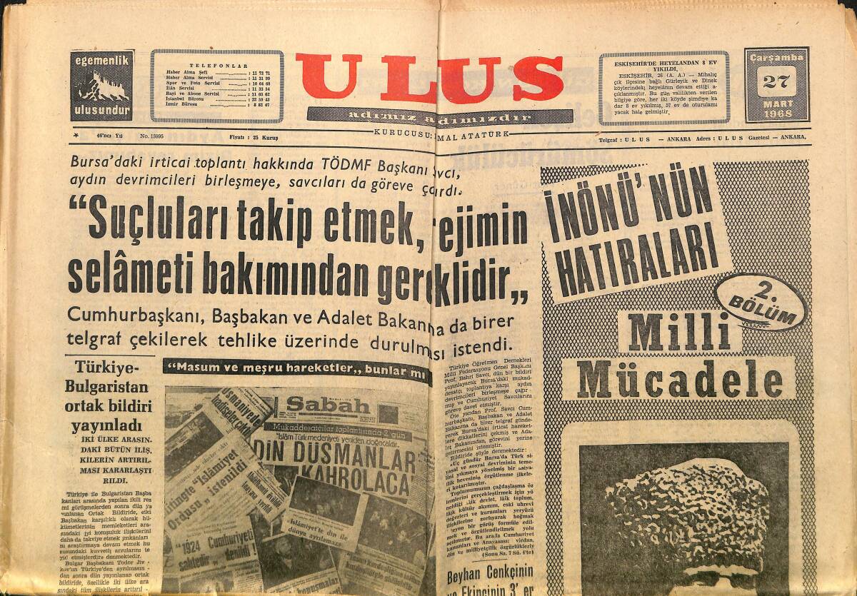 Ulus Gazetesi 27 Mart 1968 - Ankaragücü'ndeki Huzursuzluk Arttı - Türkiye-Bulgaristan Ortak Bildiri Yayınladı GZ150786 - 1