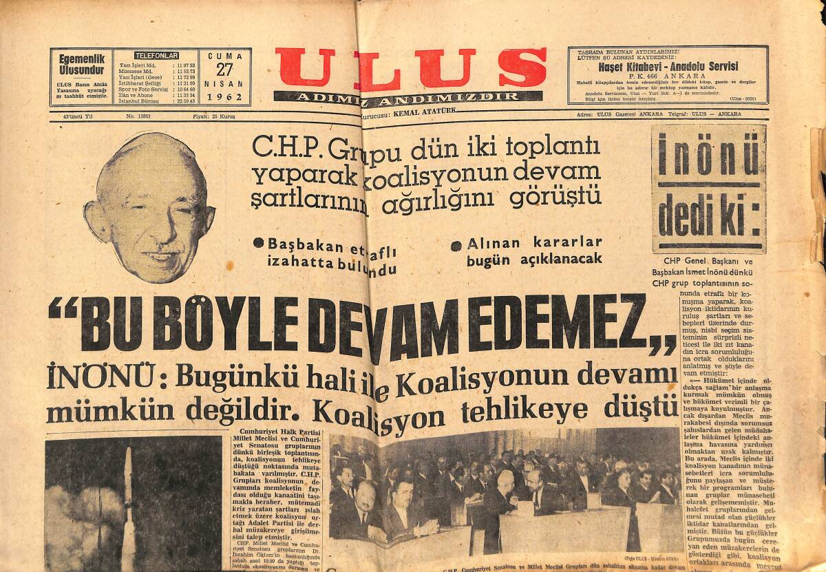 Ulus Gazetesi 27 Nisan 1962 - Amerikan Feza Gemisi Ay'a İndi - Liz Takside Burnundan Yaralanmış GZ152600 - 1
